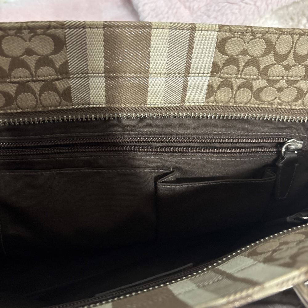 Coach Candace Carry 19915 Signature Stripe Khaki Brown Canvas Leather Bag - Picture 9 of 14
